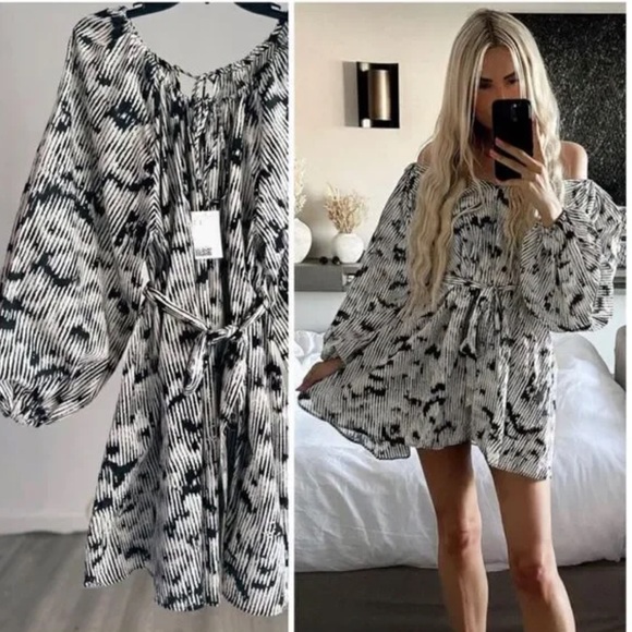 H&M Patterned Printed Tie Belt Voluminous Cotton Dress Swim Coverup XS - Picture 4 of 10